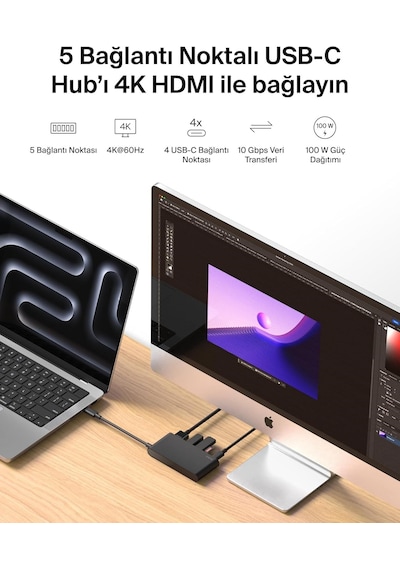 Belkin Usb-c Hub, 5 Portlu Hub, 4k Hdmı Görüntüleme, 60hz, 100w Güç Dağıtımı, 10 Gbps Hızlı Veri Aktarımı, Usb-c Çoklu Bağlantı Noktalı Adaptör