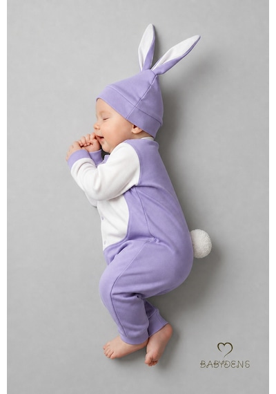 Babyden's Tavşan Kulaklı Yenidoğan Tulum Seti %100 Pamuklu Ayarlanır Ponponlu Kız Bebek Tulum Şapka Set Lila
