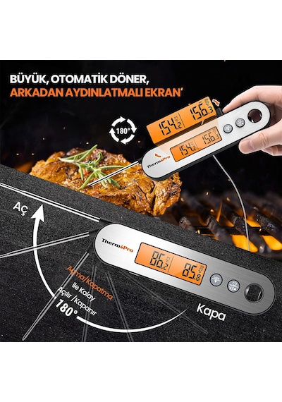 ThermoPro TP610 Su Geçirmez, Dijital ve Işıklı Çift Problu Katlanabilir Profesyonel Gıda Termometre