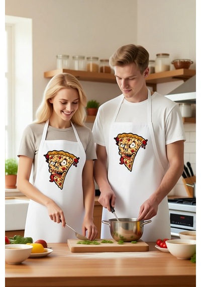 Unisex Mutfak Önlüğü Şeytani Pizza Dilimi Baskılı Karanlık Mizah Beyaz