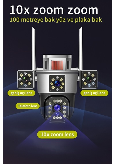 12mp Uc Lensli Cift Ekranli Guvenlik Kamerasi - Depo, Yazlik Ve Ev Icin Akilli Cozum Wifi'li Kamera 3 Kameralı