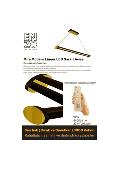 Mira Gold Lineer Led Sarkıt Avize Kumandalı Dim Edilebilir Aşağı Işık Sarı Işık