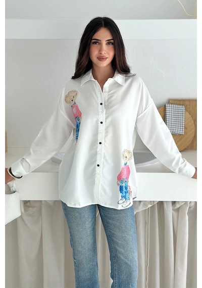 Asprin Fashion Ayıcık Baskılı Gömlek Beyaz Beyaz