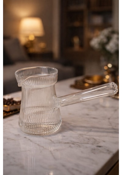 Isıya Dayanıklı Cam Cezve Çizgili 400 Ml, 10 Cm Yükseklik, Cam Türk Kahvesi Cezvesi