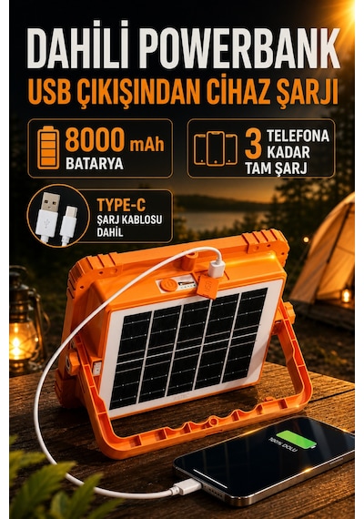Astec Solar Şarjlı Led Projektör Powerbank Özellikli Ip66 Kamp Acil Durum Çakarlı Premium