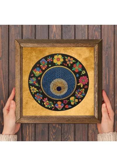 Pinecone Nazar Boncuğu Taş Duvar Tablosu - Ahşap Çerçeveli Taş Tablo - 25x25 Cm - Dekoratif Duvar Sanatı - Modern