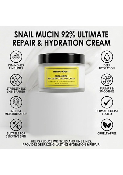 Maruderm Snail Mucin Ultimate Repair Cream %92 Salyangoz Özlü Yoğun Nemlendirici Ve Besleyici Yüz Kremi, Peptit & Hyalüronik Asit İle, 100 Ml