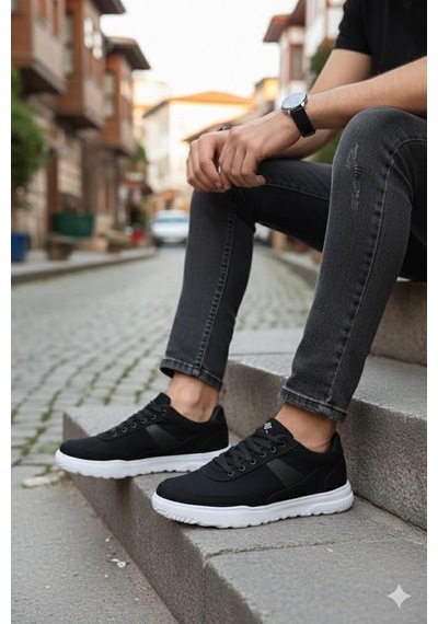Fort 0226 Dks Keten Rahat Hafif Sneaker Erkek Ayakkabı Siyah - Beyaz