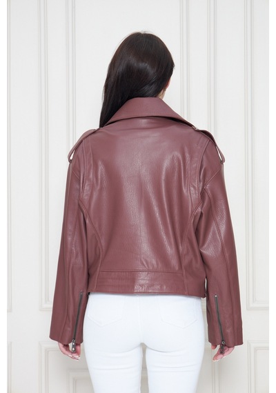 M M Marki Marki Kadın Hakiki Jumbo Deri Ceket Biker Tarz, Kemerli, Oversize, Apoletli, 62 Cm, Kahverengi - 117822