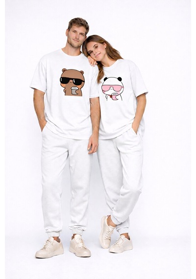 Sevgili Kombini Panda Bardak Baskılı Çift Tişört Oversize Unisex Beyaz