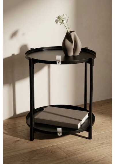 Çift Tepsili Katlanır Orta Yan Yuvarlak Sehpa Metal Ayak - Modern Sehpa 50cm 44 Cm Tepsi Deri Kulplu Mat Siyah