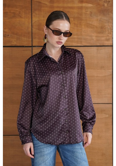 Verymoda Puantiyeli Saten Gömlek - F2076 Kahve