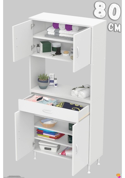Arda 80 Cm 4 Kapaklı 7 Raflı Ve Çekmeceli Çok Amaçlı Banyo Dolabı Beyaz