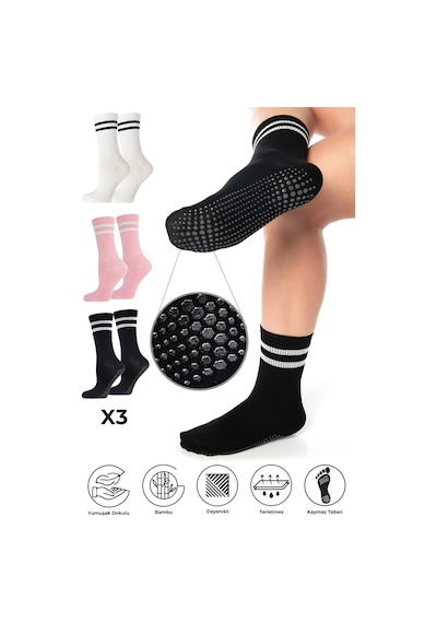 Saysez Bambu Kadın Beyaz-pembe-siyah Kaydırmaz Taban Silikon Baskı Pilates Yoga Fitness Bale Dans Aktivite Tenis Çorabı 3'lü Renkli