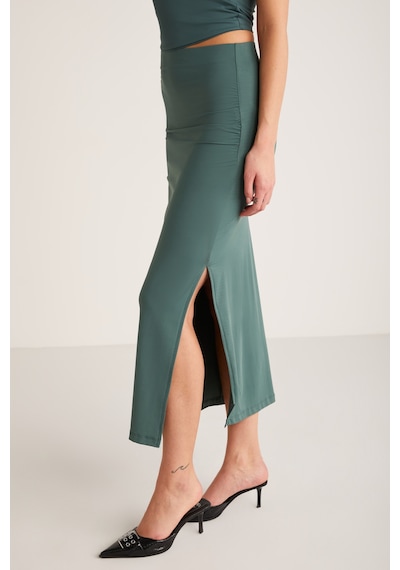 Ethıquet Madıson Kadın Slim Fit Dar Kesim Vücuda Oturan Yırtmaç Detaylı Beli Lastikli Örme Yeşil Ete