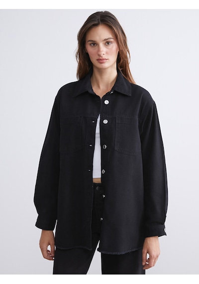 Lcwaıkıkı Classic Siyah Gömlek Yaka Oversize Kadın Jean Ceket