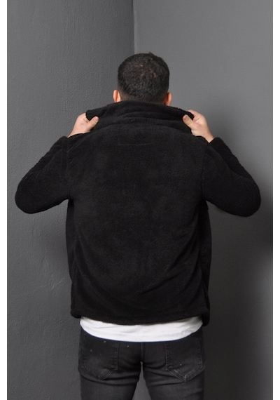 Unisex Siyah Düğme Detaylı Cepli Peluş Ceket Siyah
