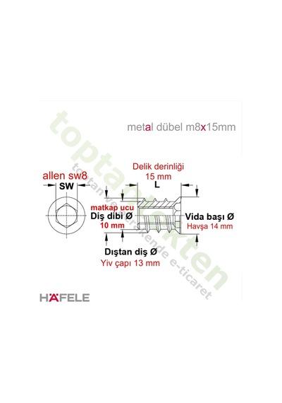 Hafele Dübel Çelik Sarı Havşa Başlı M8X15Mm