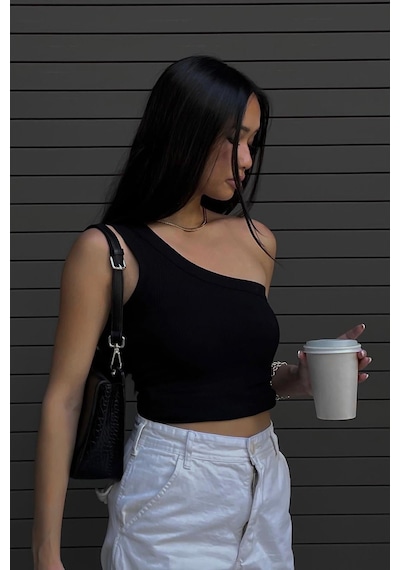 Seeh Siyah Tek Omuzlu Kadın Crop Sh146