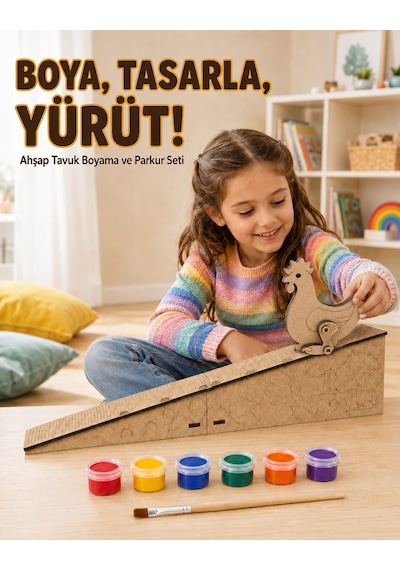 Çocuk Ahşap Hareketli Tavuk Boyama Seti 6 Renk Boya, Fırça Ve Kolay Montaj Parkuru
