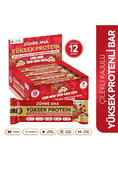 Çilekli Kajulu Yüksek Proteinli Bar, Şeker İlavesiz 40 Gr X 12 Adet
