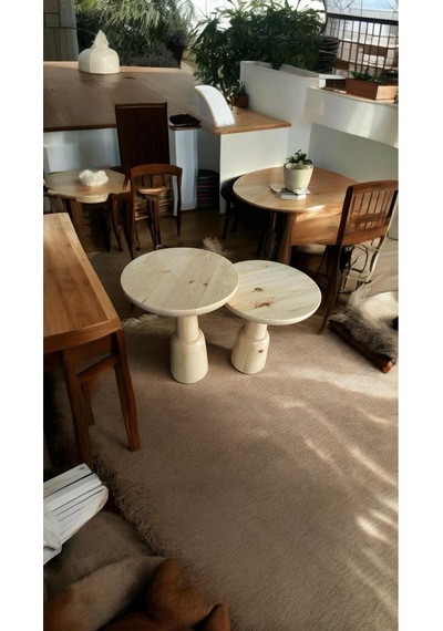 Wood Ahşap 2'li Set Ürgüp Mantar Yan Sehpa Modern Fiskos / Naturel Renk / Zigon Sehpa Vernikli Naturel