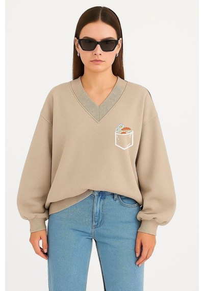 Benroma Cep Papatya Baskılı Ünisex V Yaka Sweatshirt Bej