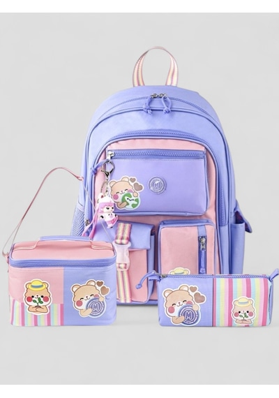 Muggle 2214 İthal Ürün Üst Kalite Unisex Çocuk Üçlü Set İlkokul Sırt Çantası Lila