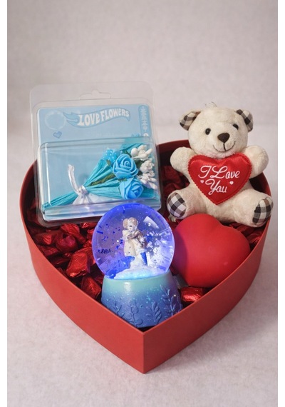 Sevgiliye Romantik Hediye Kutusu Işıklı Kalp Mavi Kar Küresi Peluş Ayıcık Ve Gül Buketi Hediye Set03 Çok Renkli