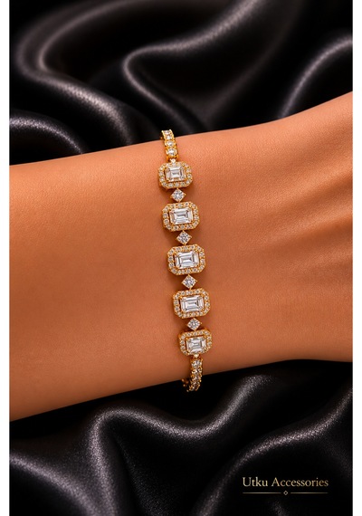 Cmjewelry Gold Baget Taşlı Çelik Bileklik Altın