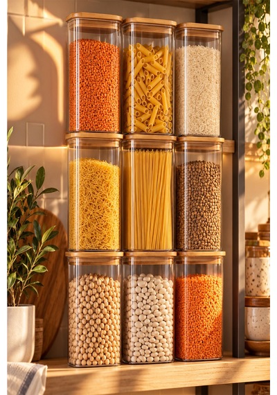 Porsima 7-3 Bambu Vakumlu Kapaklı Kare Borsilikat Cam 9lu Kavanoz Seti Saklama Kabı 1900ml 9,5x27cm Ahşap - Beyaz