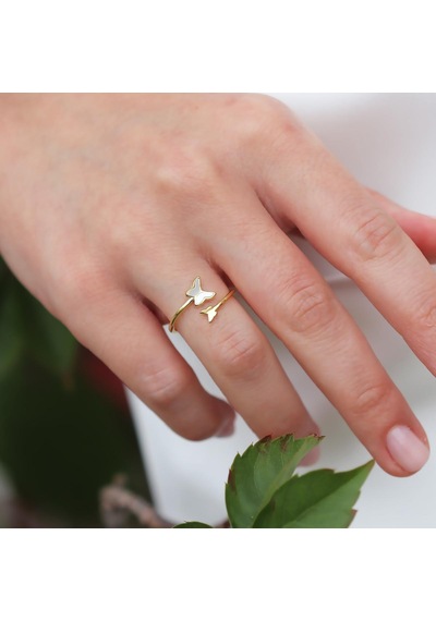 Sedefli Kelebek Gold Kaplama Minimal Yüzük Gümüş