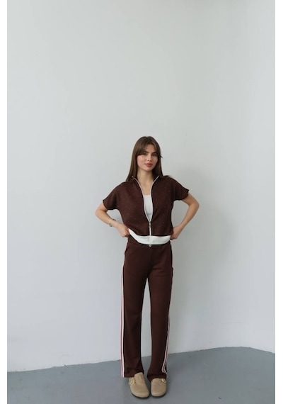 Etiler Collection Kadın Fermuarlı Taş Ve Şerit Detaylı Ikili Takım Kahverengi