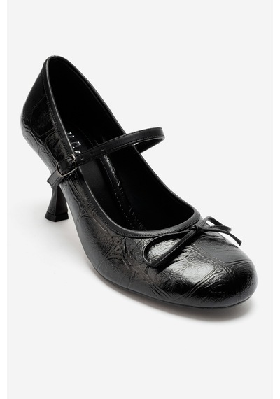 Luvi Shoes Acland Siyah Baskı Fiyonklu Kadın Topuklu Ayakkabı