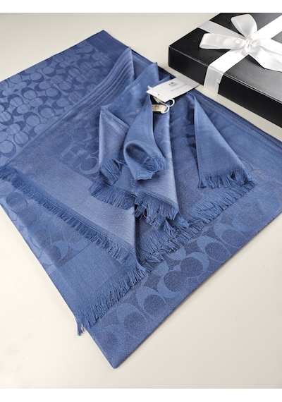 Miorel Scarfs C Desen Çift Taraflı Kaşmir İpek Şal 4 Mevsim Pamuk Şal İndigo