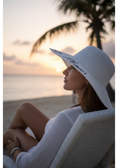 Beach Please Plaj Sahil Lütfen Motto Yazılı Yazlık Tatil Deniz Güneş Geniş Hasır Şapka Beyaz