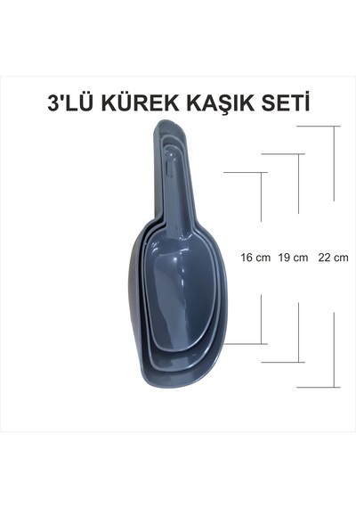 Büyük Kavanoz Kase Aktar Kutusu İçin 3 Boy Kırılmaz Kürek Kaşık Kepçe Seti Gri