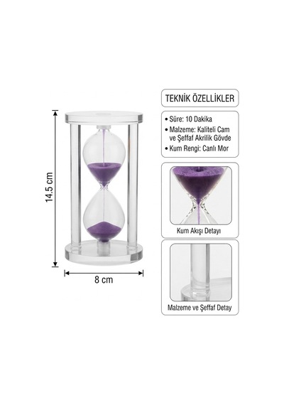 Modern Ofis Masa Üstü Biblosu Cam Kum Saati 10 Dakikalık Zamanlı Mor Kum Dekoratif Hediye 14.5x8 Cm Biblo