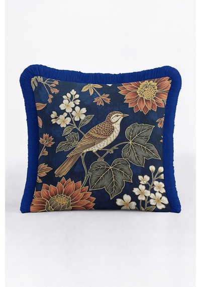 Lüks Vintage Kuş Çiçekli Saçaklı Yastık Kılıfı - Etnik Bohem Lacivert Krem Püsküllü Kırlent Kılıfı Çok Renkli