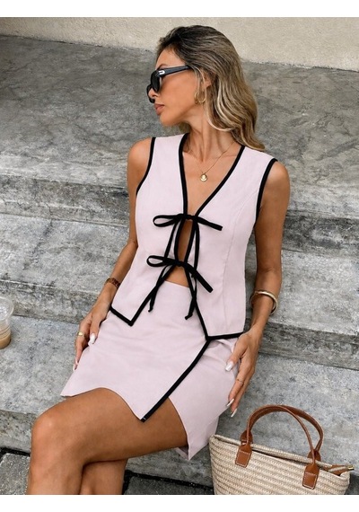 Efnaz Style Kadın Askılı Önü Bağcıklı Bluz Ve Etek Ikili Takım Pembe