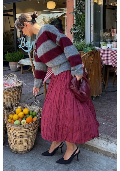 Madmext Bordo Bisiklet Yaka Çizgili Triko Kadın Kazak Mg2472 Bordo