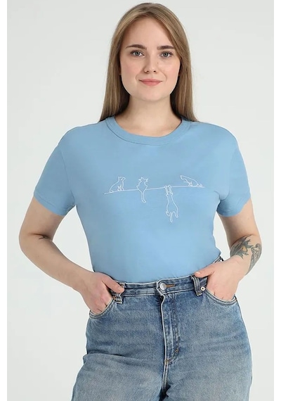 Uyguntarz Unisex Kedi Baskılı Oversize Tshirt Bebe Mavisi