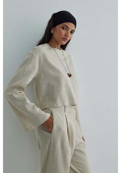 Suud Collection Natürel Mussel Crop Keten Bluz