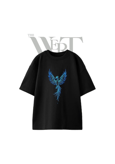 Thewert Mavi Feniks Tasarım Baskılı Ünisex Siyah Oversize T-shirt