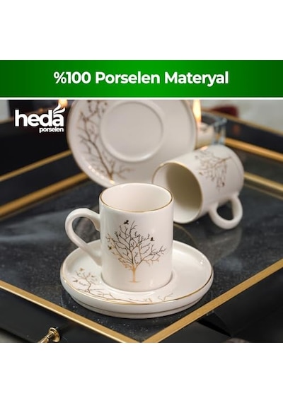 Heda Porselen Hayat Ağacı 4 Parça 2 Kişilik Porselen Kahve Fincan Takımı 100 Ml Şık Desenli Türk Kahvesi Se Diğer
