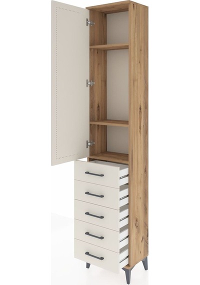 Arges Dolap 3 Raflı 5 Çekmeceli Tek Kapaklı 44x30x221 Çam-aytaşı Çam