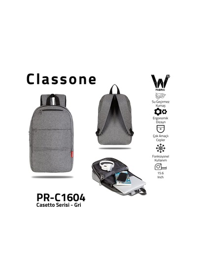 Classone Pr-c1604 Casetto 15.6 İnç Uyumlu Notebook Çantası, Gri Çok Renkli