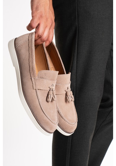 Fame Step Hakiki Deri Erkek Loafer Ayakkabı Süet Günlük Rahat Casual Mokasen Püsküllü Siena Bej