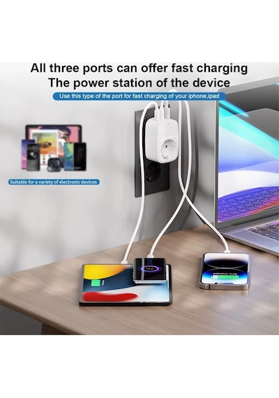 Çoklu Yüksek Voltaj Korumalı Duvar Prizi 2x Type-c 1x Usb Çıkışlı Priz Grup Priz Çoğaltıcı 2 M