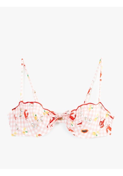 Koton Koton X Sibil Çetinkaya - Fırfırlı Yengeç Baskılı Pötikareli Balenli Bikini Üstü Pembe Desenli 6sak10260mm